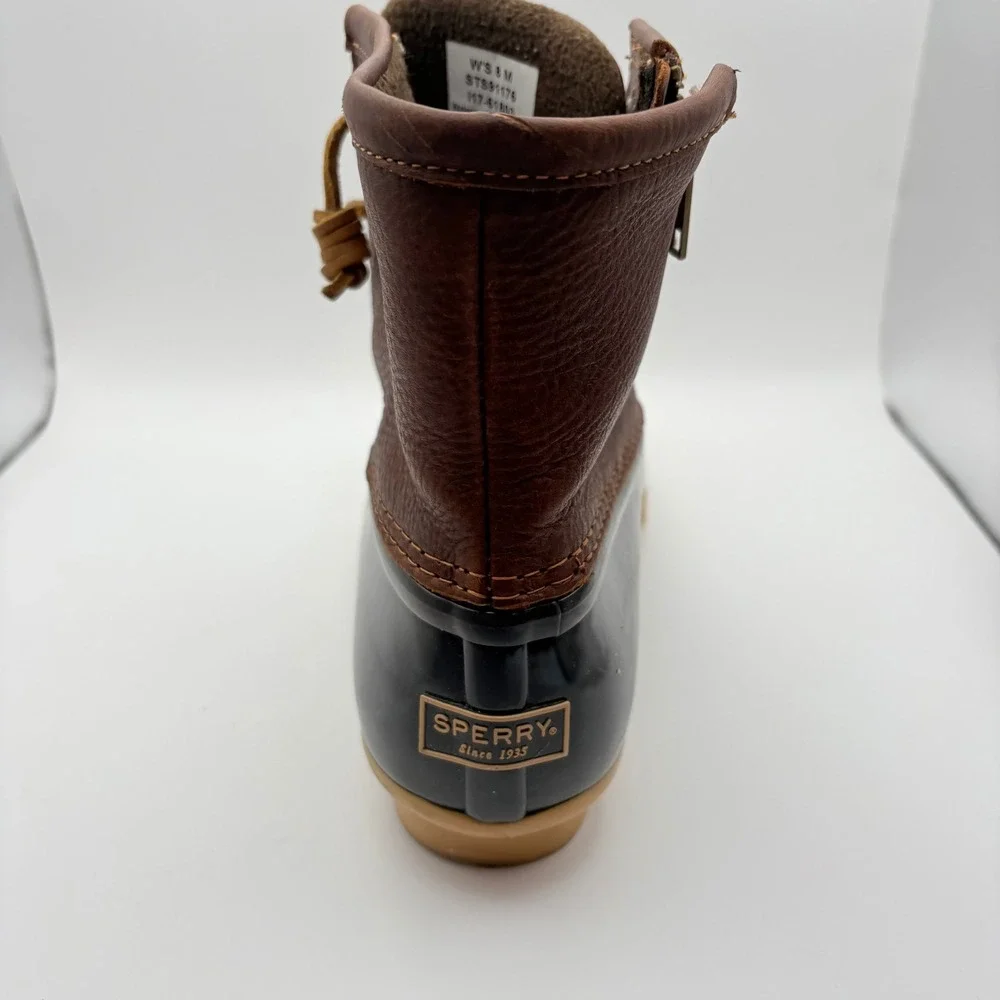 Sperry Women 8 Saltwater Duck Boots Brown Black Leather Rubber Waterproof Ankle
